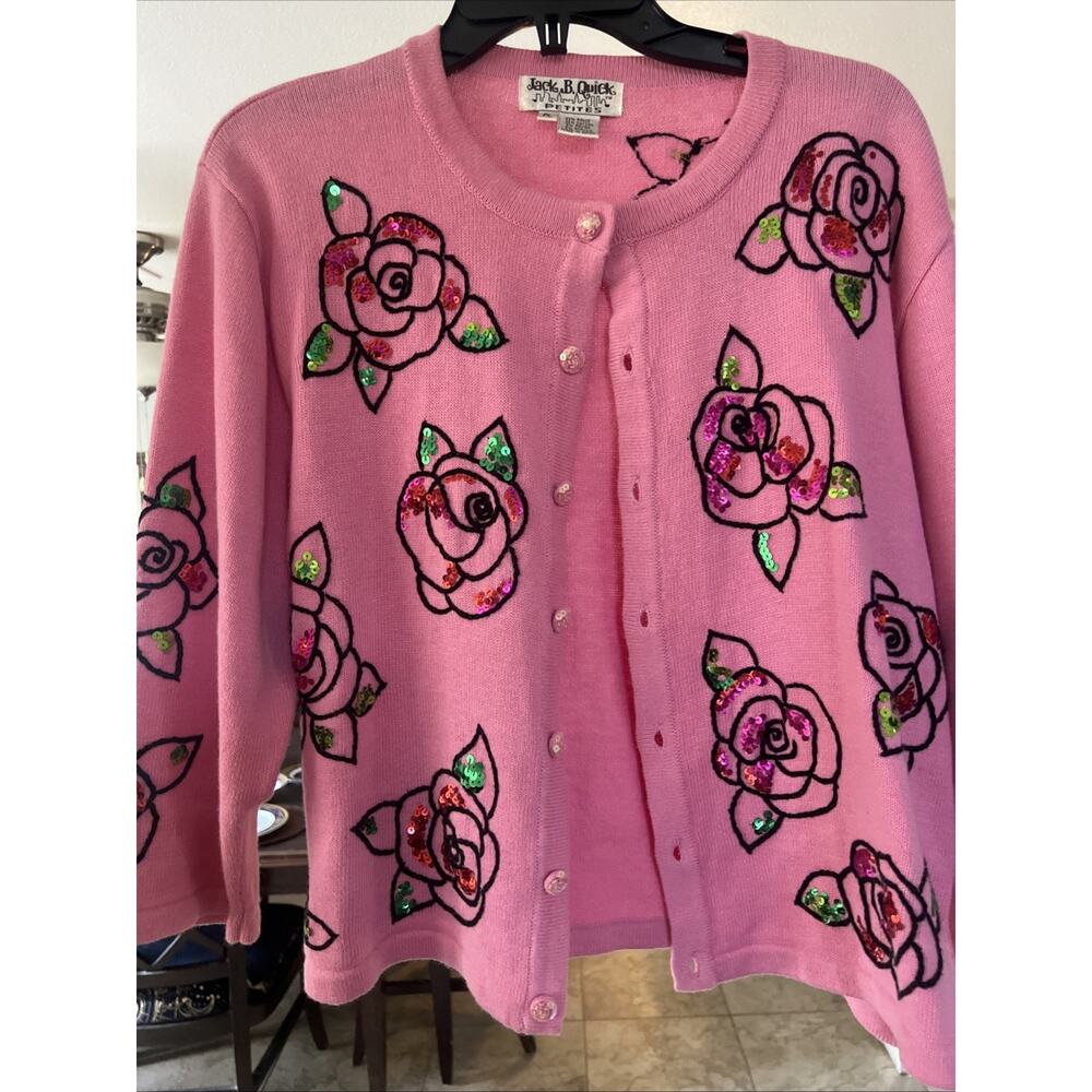 Jack B. Quick Vtg Large Pink Sequin Rose Floral Cardigan Spring Mothers Day